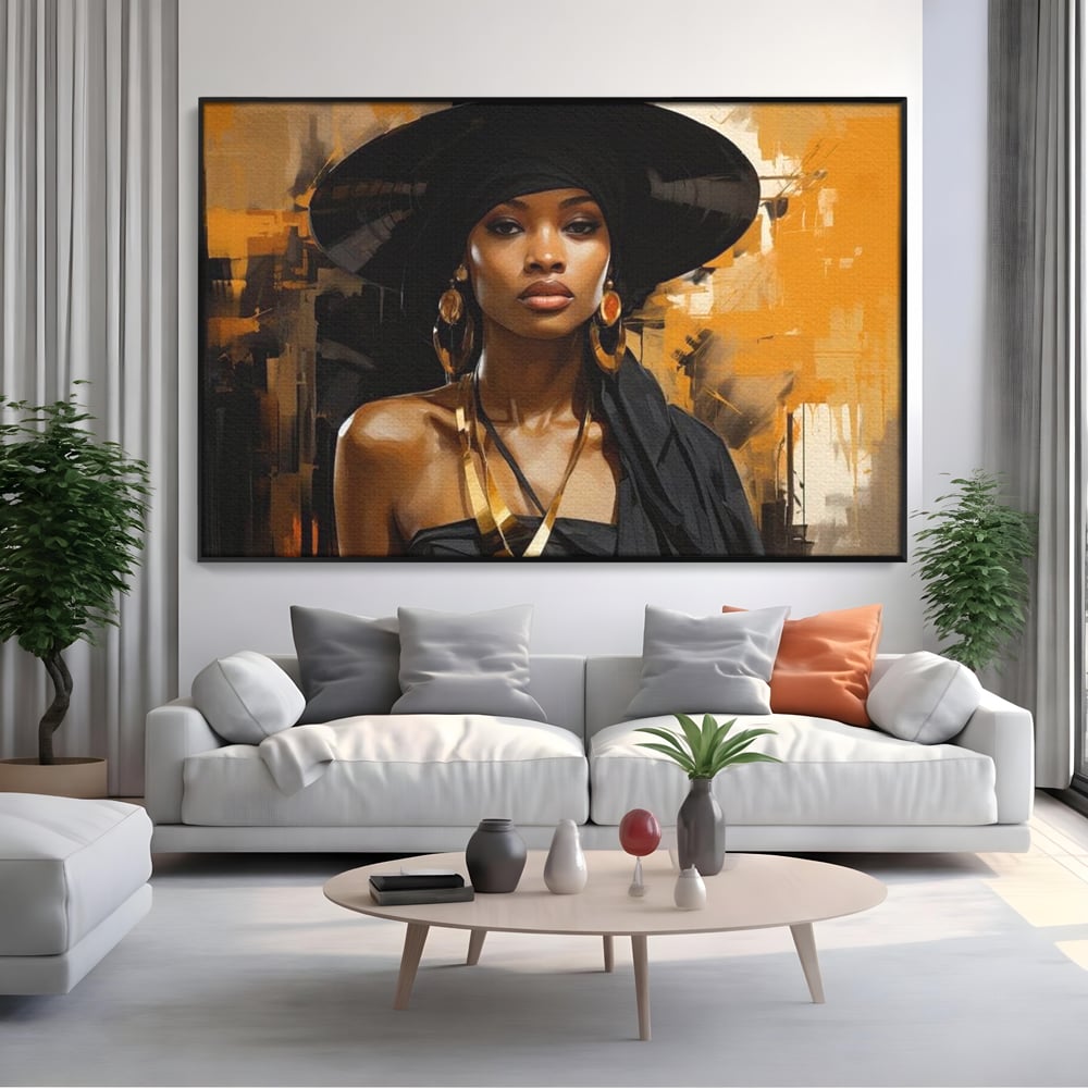Tablou Canvas Premium LuxCanva® G1019, Femeia In Negru ,  Enigma, Palarie, Glamour, Dramatism, Boem, Rafinament, Cercei, Living, Dormitor, Culori vibrante