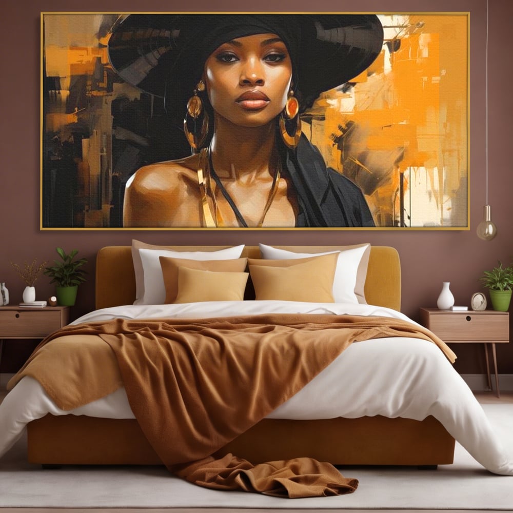 Tablou Canvas Premium LuxCanva® G1019, Femeia In Negru ,  Enigma, Palarie, Glamour, Dramatism, Boem, Rafinament, Cercei, Living, Dormitor, Culori vibrante