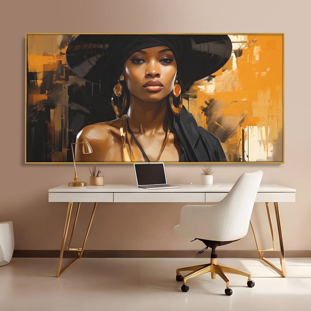 Tablou Canvas Premium LuxCanva® G1019, Femeia In Negru ,  Enigma, Palarie, Glamour, Dramatism, Boem, Rafinament, Cercei, Living, Dormitor, Culori vibrante