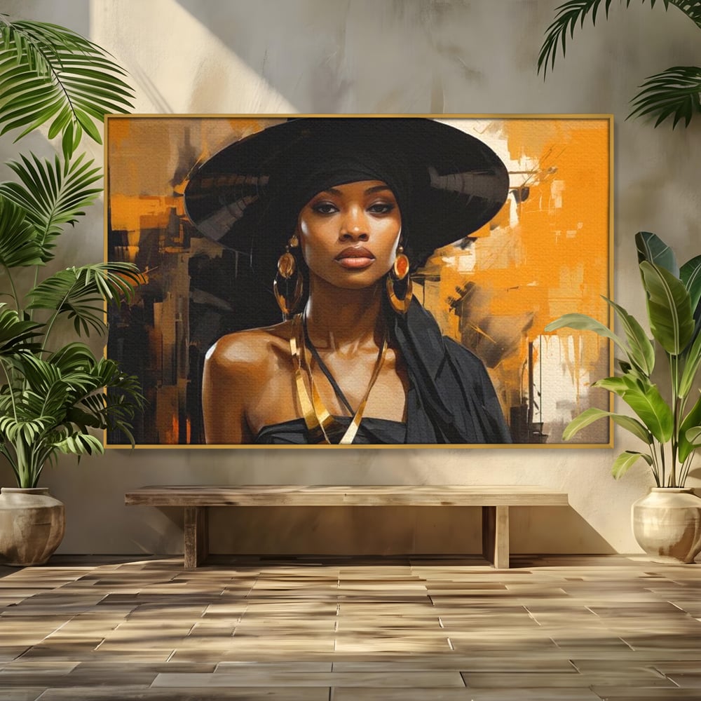 Tablou Canvas Premium LuxCanva® G1019, Femeia In Negru ,  Enigma, Palarie, Glamour, Dramatism, Boem, Rafinament, Cercei, Living, Dormitor, Culori vibrante