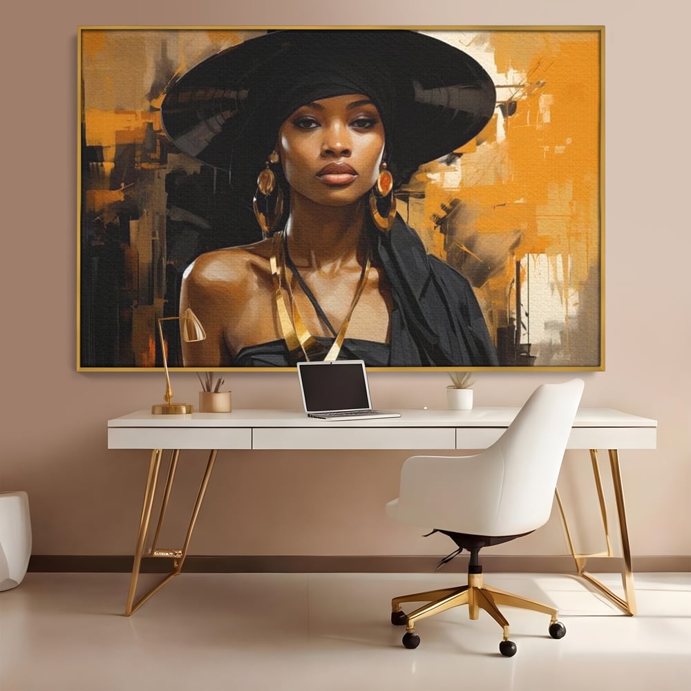 Tablou Canvas Premium LuxCanva® G1019, Femeia In Negru ,  Enigma, Palarie, Glamour, Dramatism, Boem, Rafinament, Cercei, Living, Dormitor, Culori vibrante
