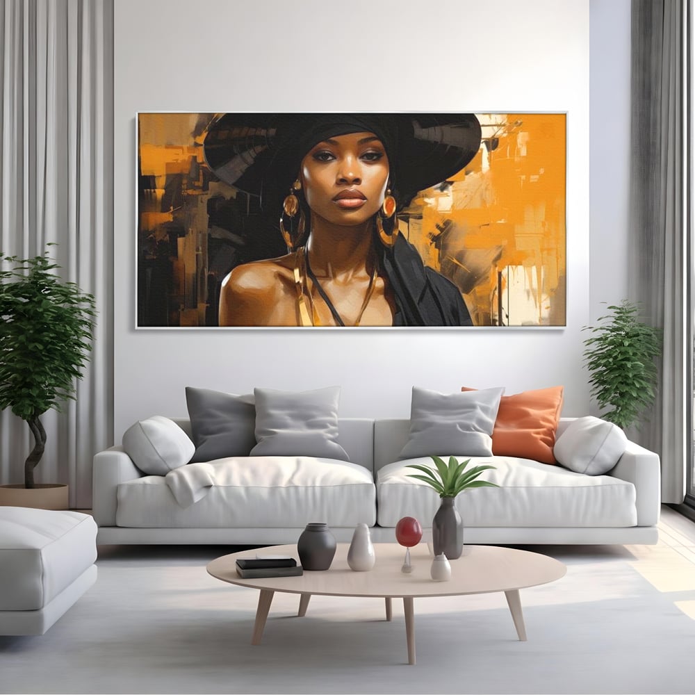 Tablou Canvas Premium LuxCanva® G1019, Femeia In Negru ,  Enigma, Palarie, Glamour, Dramatism, Boem, Rafinament, Cercei, Living, Dormitor, Culori vibrante