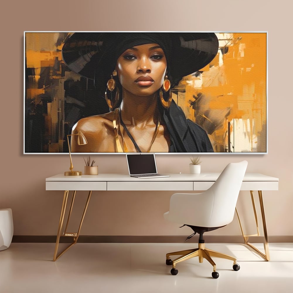 Tablou Canvas Premium LuxCanva® G1019, Femeia In Negru ,  Enigma, Palarie, Glamour, Dramatism, Boem, Rafinament, Cercei, Living, Dormitor, Culori vibrante