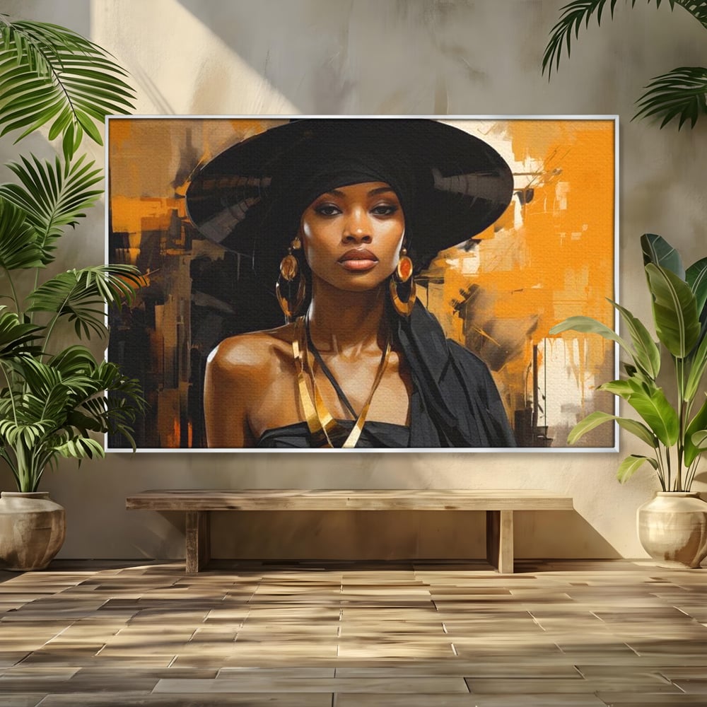 Tablou Canvas Premium LuxCanva® G1019, Femeia In Negru ,  Enigma, Palarie, Glamour, Dramatism, Boem, Rafinament, Cercei, Living, Dormitor, Culori vibrante