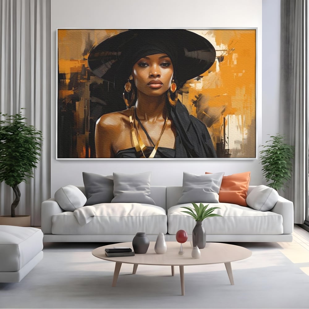 Tablou Canvas Premium LuxCanva® G1019, Femeia In Negru ,  Enigma, Palarie, Glamour, Dramatism, Boem, Rafinament, Cercei, Living, Dormitor, Culori vibrante