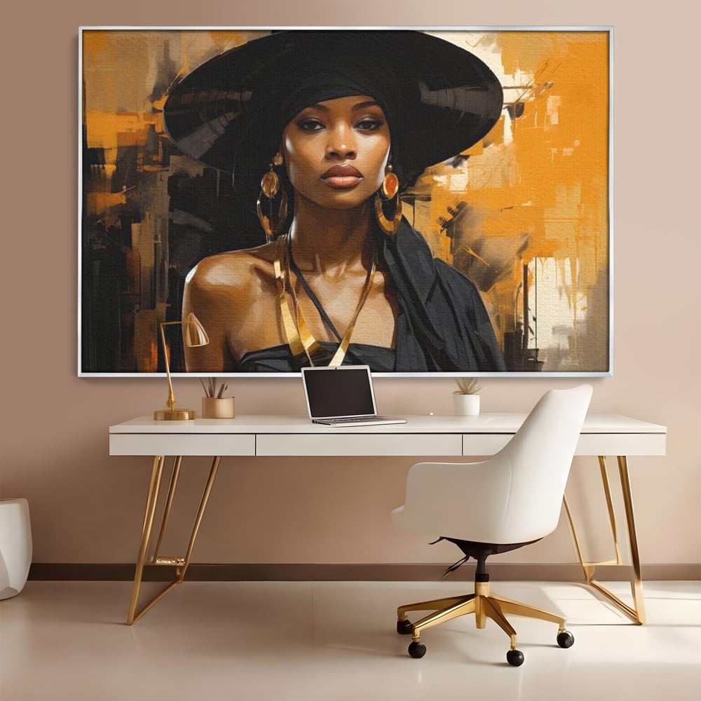 Tablou Canvas Premium LuxCanva® G1019, Femeia In Negru ,  Enigma, Palarie, Glamour, Dramatism, Boem, Rafinament, Cercei, Living, Dormitor, Culori vibrante
