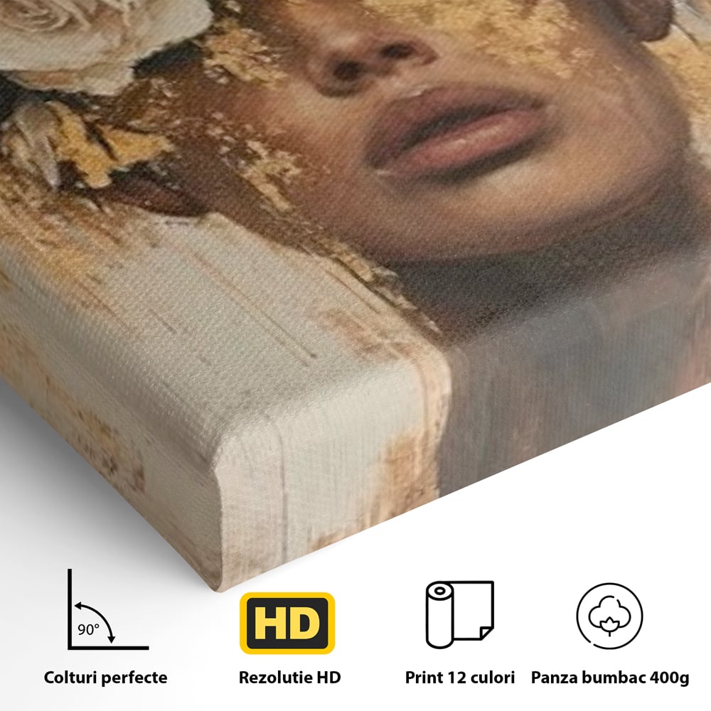 Leinwandbilder Premium LuxCanva® G1020, Metamorphose der Weiblichkeit, Träumen, Blumen, Geheimnisvoll, Gold, Seele, Gedanken, Portrait, Wohnen, Schlafzimmer, Lebendige Farben