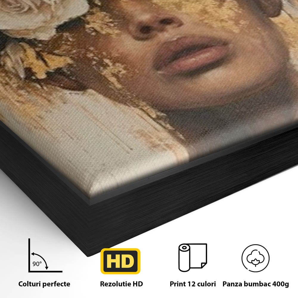Leinwandbilder Premium LuxCanva® G1020, Metamorphose der Weiblichkeit, Träumen, Blumen, Geheimnisvoll, Gold, Seele, Gedanken, Portrait, Wohnen, Schlafzimmer, Lebendige Farben