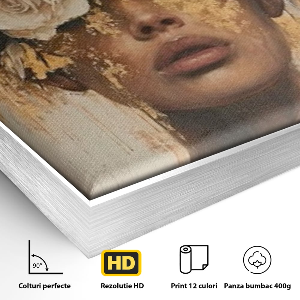 Leinwandbilder Premium LuxCanva® G1020, Metamorphose der Weiblichkeit, Träumen, Blumen, Geheimnisvoll, Gold, Seele, Gedanken, Portrait, Wohnen, Schlafzimmer, Lebendige Farben