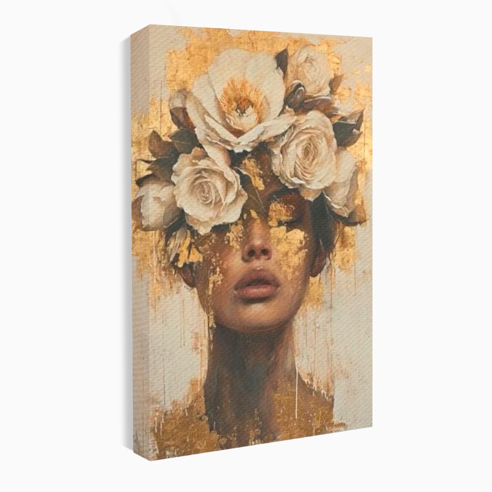 Leinwandbilder Premium LuxCanva® G1020, Metamorphose der Weiblichkeit, Träumen, Blumen, Geheimnisvoll, Gold, Seele, Gedanken, Portrait, Wohnen, Schlafzimmer, Lebendige Farben