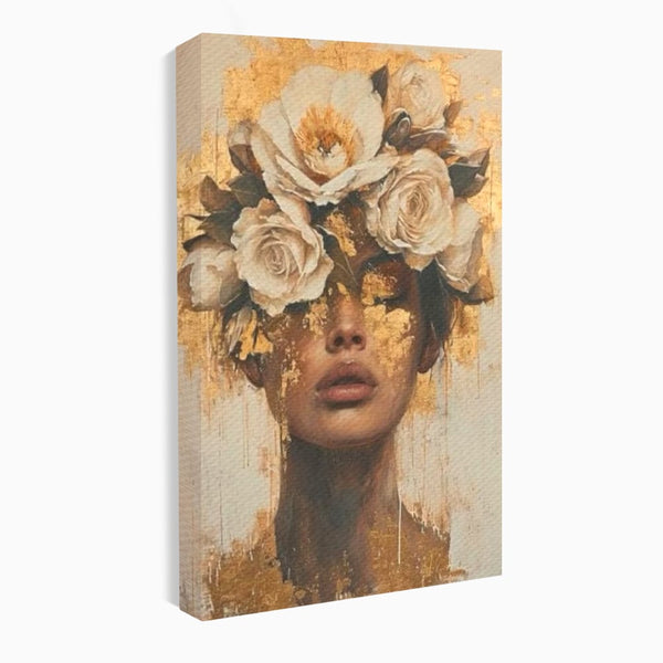 Leinwandbilder Premium LuxCanva® G1020, Metamorphose der Weiblichkeit, Träumen, Blumen, Geheimnisvoll, Gold, Seele, Gedanken, Portrait, Wohnen, Schlafzimmer, Lebendige Farben