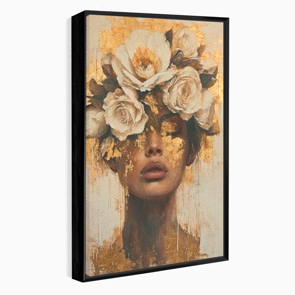 Leinwandbilder Premium LuxCanva® G1020, Metamorphose der Weiblichkeit, Träumen, Blumen, Geheimnisvoll, Gold, Seele, Gedanken, Portrait, Wohnen, Schlafzimmer, Lebendige Farben