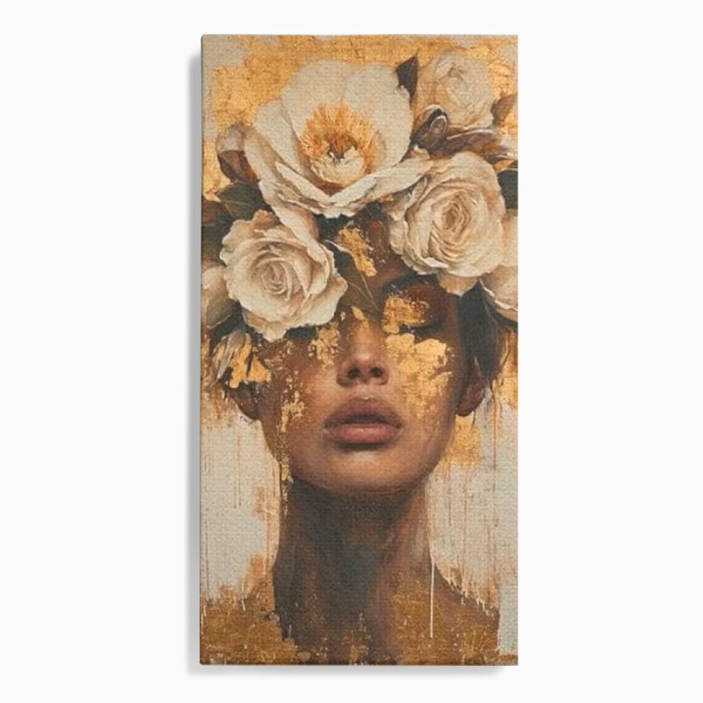 Leinwandbilder Premium LuxCanva® G1020, Metamorphose der Weiblichkeit, Träumen, Blumen, Geheimnisvoll, Gold, Seele, Gedanken, Portrait, Wohnen, Schlafzimmer, Lebendige Farben