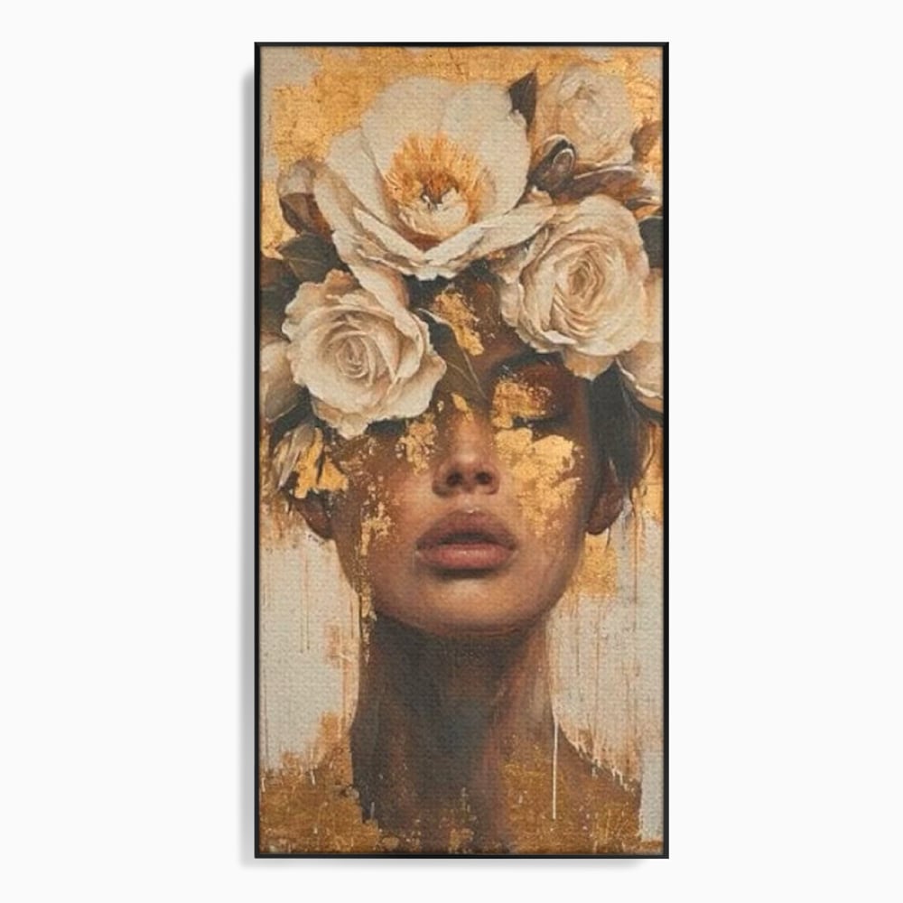 Leinwandbilder Premium LuxCanva® G1020, Metamorphose der Weiblichkeit, Träumen, Blumen, Geheimnisvoll, Gold, Seele, Gedanken, Portrait, Wohnen, Schlafzimmer, Lebendige Farben