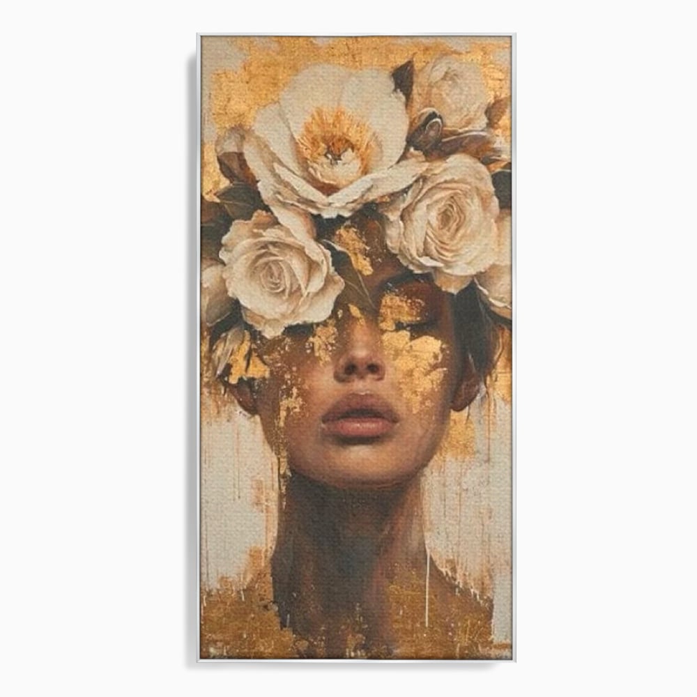 Leinwandbilder Premium LuxCanva® G1020, Metamorphose der Weiblichkeit, Träumen, Blumen, Geheimnisvoll, Gold, Seele, Gedanken, Portrait, Wohnen, Schlafzimmer, Lebendige Farben