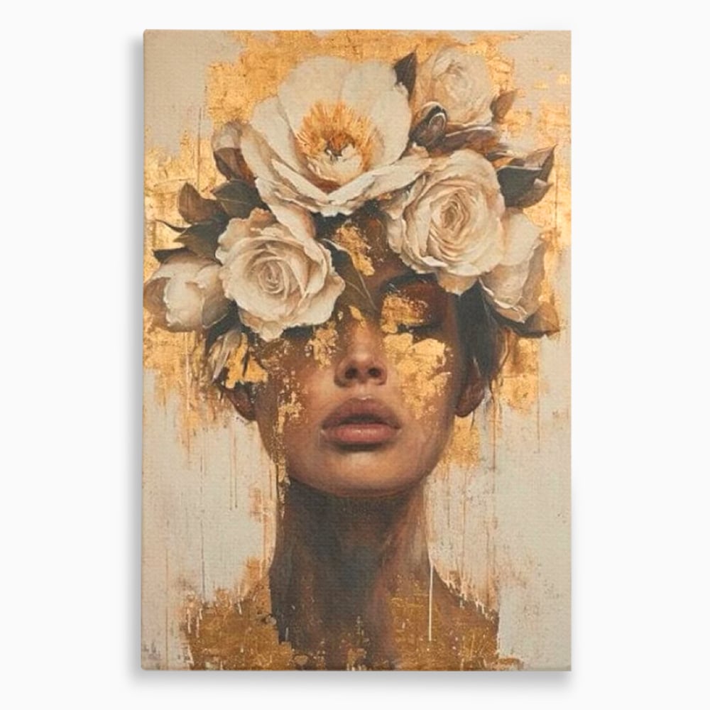 Leinwandbilder Premium LuxCanva® G1020, Metamorphose der Weiblichkeit, Träumen, Blumen, Geheimnisvoll, Gold, Seele, Gedanken, Portrait, Wohnen, Schlafzimmer, Lebendige Farben