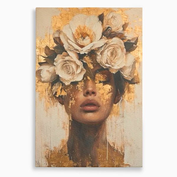 Leinwandbilder Premium LuxCanva® G1020, Metamorphose der Weiblichkeit, Träumen, Blumen, Geheimnisvoll, Gold, Seele, Gedanken, Portrait, Wohnen, Schlafzimmer, Lebendige Farben