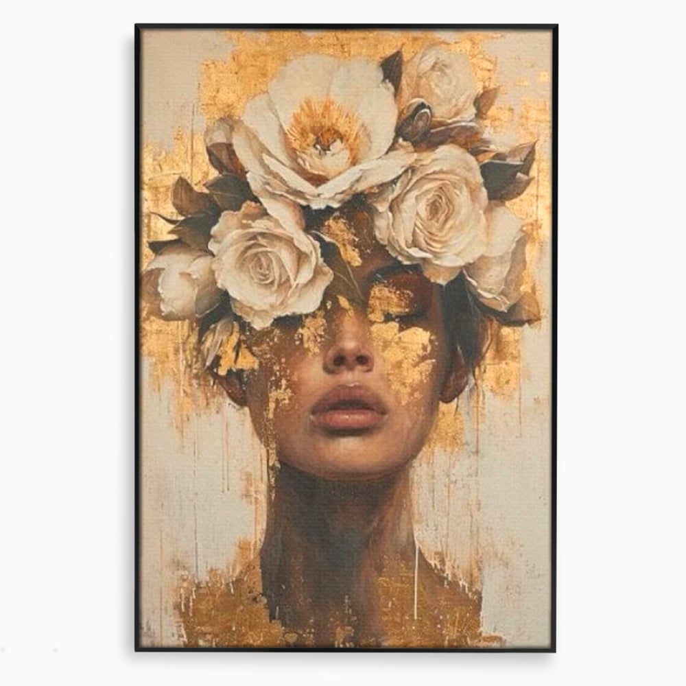 Leinwandbilder Premium LuxCanva® G1020, Metamorphose der Weiblichkeit, Träumen, Blumen, Geheimnisvoll, Gold, Seele, Gedanken, Portrait, Wohnen, Schlafzimmer, Lebendige Farben