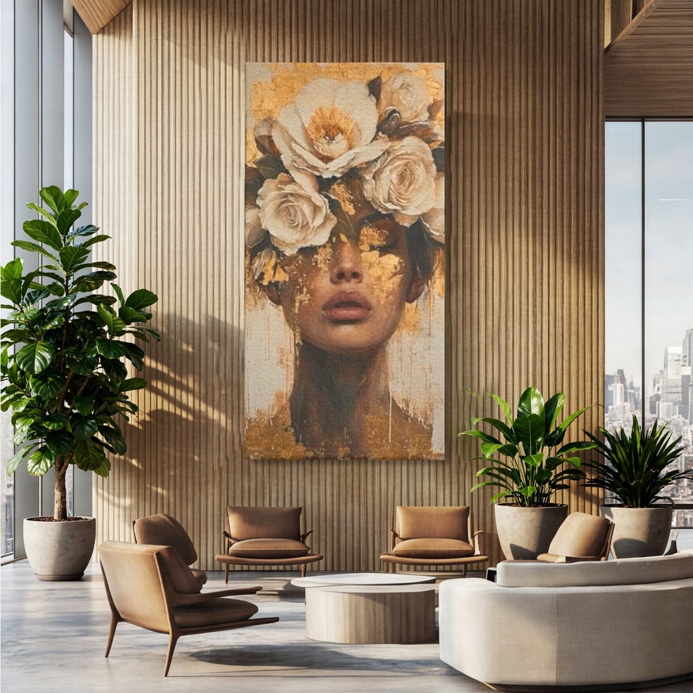 Leinwandbilder Premium LuxCanva® G1020, Metamorphose der Weiblichkeit, Träumen, Blumen, Geheimnisvoll, Gold, Seele, Gedanken, Portrait, Wohnen, Schlafzimmer, Lebendige Farben