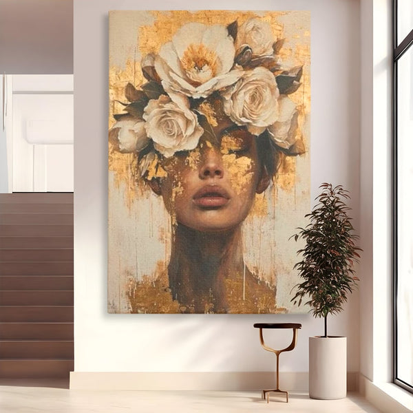 Leinwandbilder Premium LuxCanva® G1020, Metamorphose der Weiblichkeit, Träumen, Blumen, Geheimnisvoll, Gold, Seele, Gedanken, Portrait, Wohnen, Schlafzimmer, Lebendige Farben