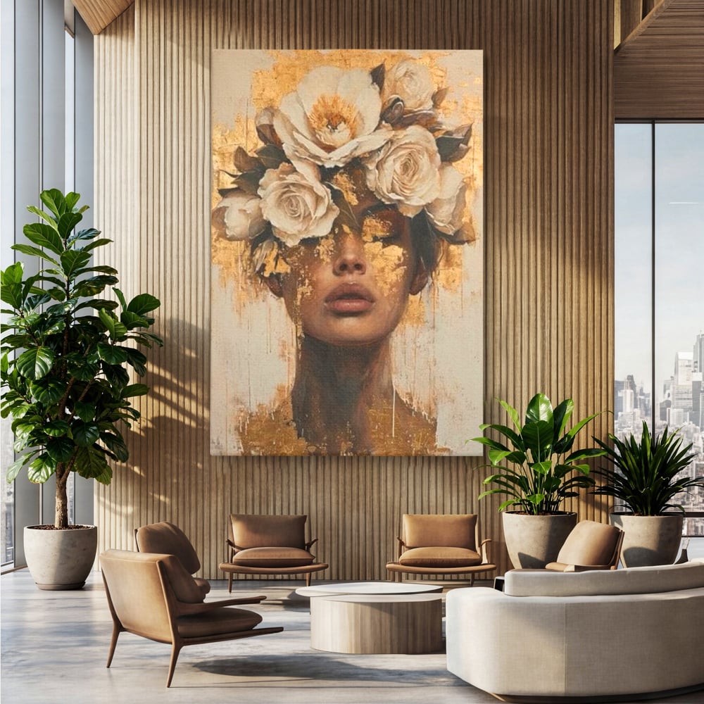 Leinwandbilder Premium LuxCanva® G1020, Metamorphose der Weiblichkeit, Träumen, Blumen, Geheimnisvoll, Gold, Seele, Gedanken, Portrait, Wohnen, Schlafzimmer, Lebendige Farben