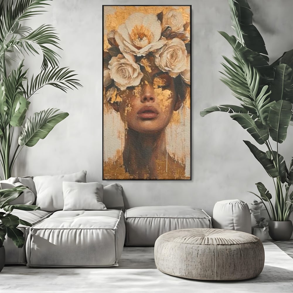 Leinwandbilder Premium LuxCanva® G1020, Metamorphose der Weiblichkeit, Träumen, Blumen, Geheimnisvoll, Gold, Seele, Gedanken, Portrait, Wohnen, Schlafzimmer, Lebendige Farben