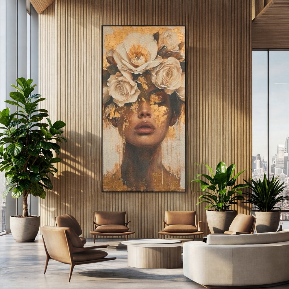 Leinwandbilder Premium LuxCanva® G1020, Metamorphose der Weiblichkeit, Träumen, Blumen, Geheimnisvoll, Gold, Seele, Gedanken, Portrait, Wohnen, Schlafzimmer, Lebendige Farben