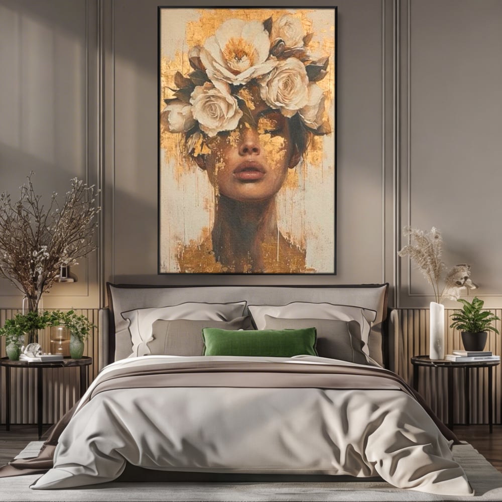 Leinwandbilder Premium LuxCanva® G1020, Metamorphose der Weiblichkeit, Träumen, Blumen, Geheimnisvoll, Gold, Seele, Gedanken, Portrait, Wohnen, Schlafzimmer, Lebendige Farben