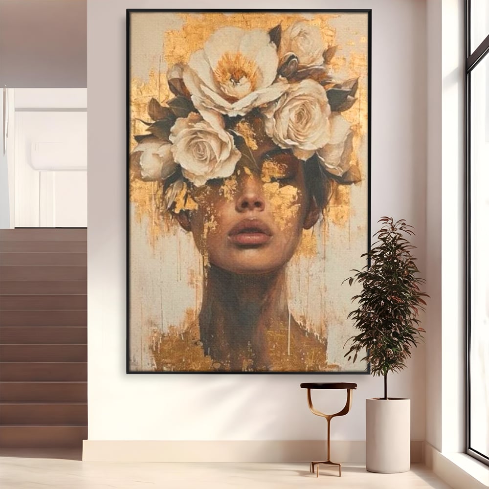 Leinwandbilder Premium LuxCanva® G1020, Metamorphose der Weiblichkeit, Träumen, Blumen, Geheimnisvoll, Gold, Seele, Gedanken, Portrait, Wohnen, Schlafzimmer, Lebendige Farben