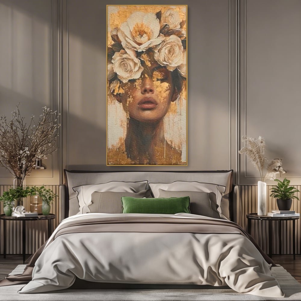 Leinwandbilder Premium LuxCanva® G1020, Metamorphose der Weiblichkeit, Träumen, Blumen, Geheimnisvoll, Gold, Seele, Gedanken, Portrait, Wohnen, Schlafzimmer, Lebendige Farben