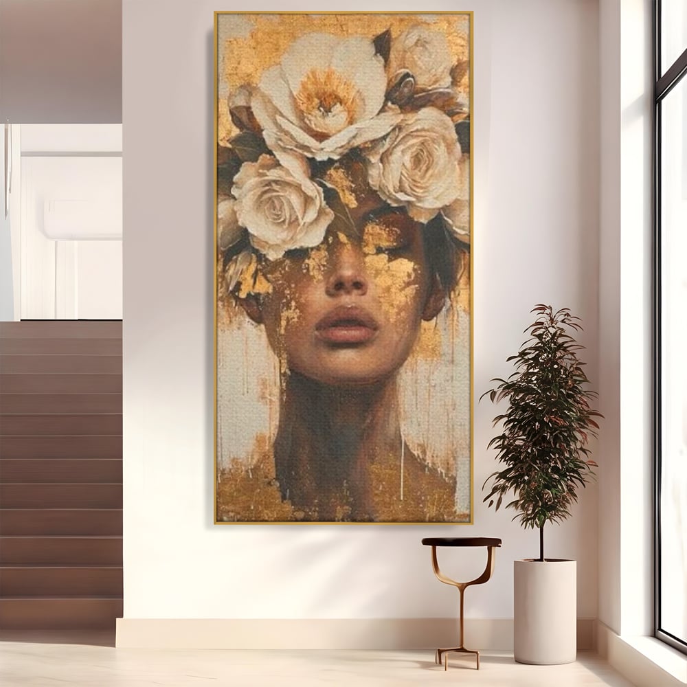 Leinwandbilder Premium LuxCanva® G1020, Metamorphose der Weiblichkeit, Träumen, Blumen, Geheimnisvoll, Gold, Seele, Gedanken, Portrait, Wohnen, Schlafzimmer, Lebendige Farben