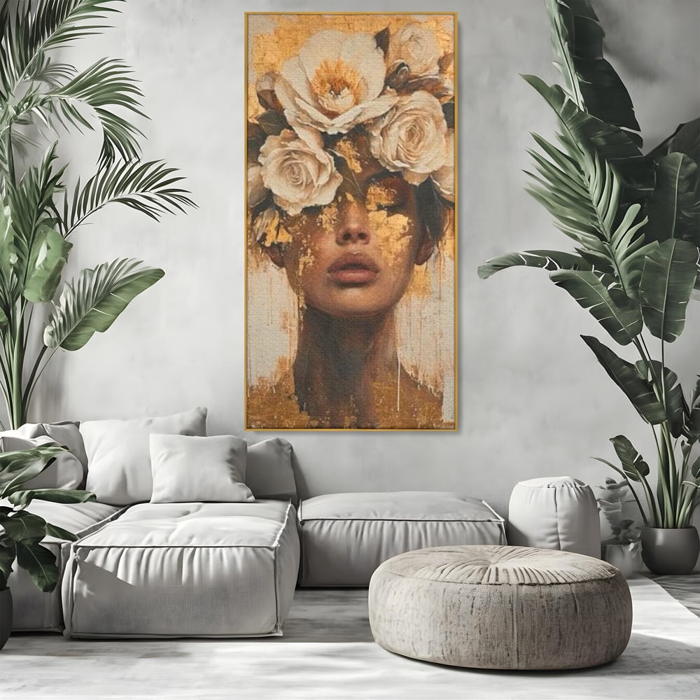 Leinwandbilder Premium LuxCanva® G1020, Metamorphose der Weiblichkeit, Träumen, Blumen, Geheimnisvoll, Gold, Seele, Gedanken, Portrait, Wohnen, Schlafzimmer, Lebendige Farben