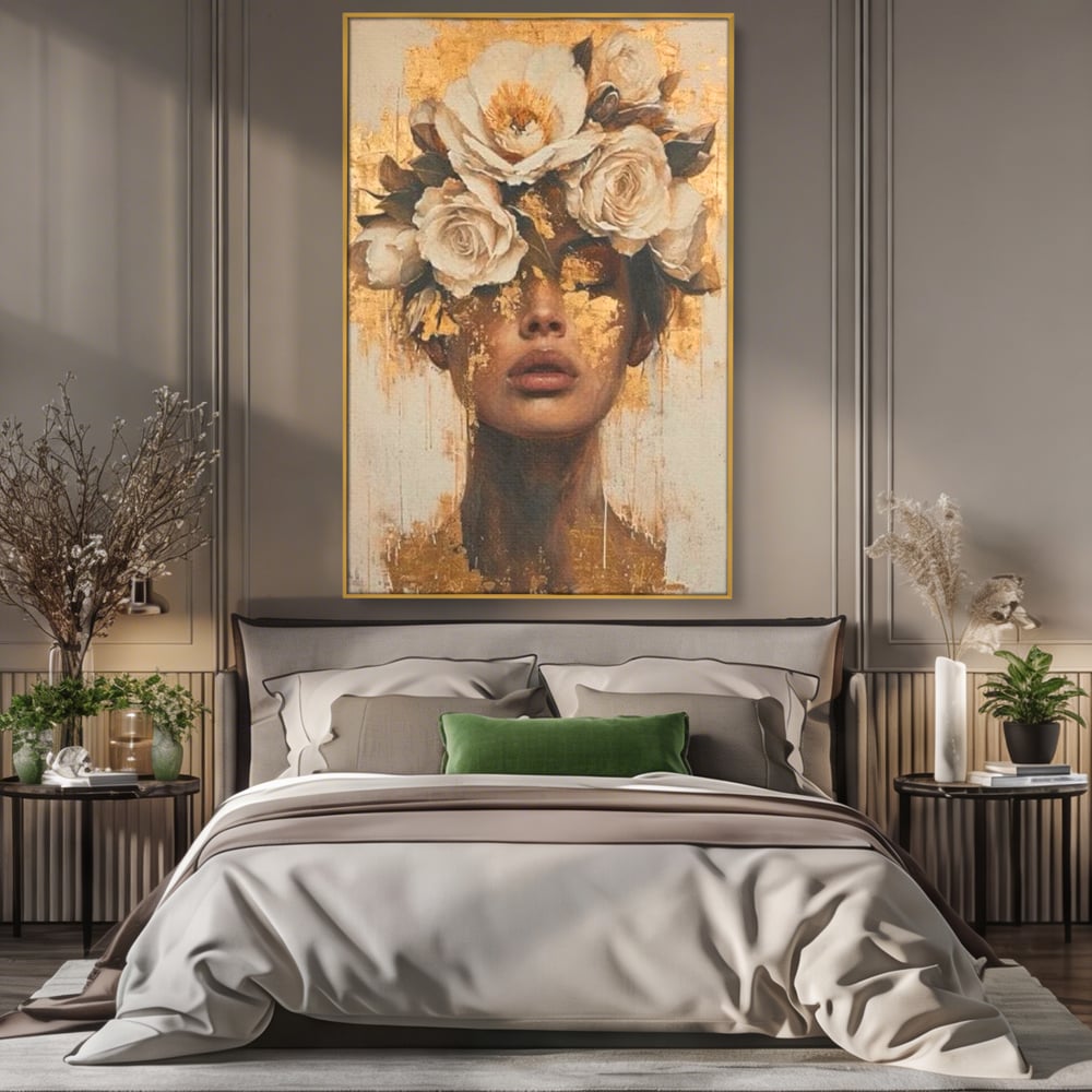 Leinwandbilder Premium LuxCanva® G1020, Metamorphose der Weiblichkeit, Träumen, Blumen, Geheimnisvoll, Gold, Seele, Gedanken, Portrait, Wohnen, Schlafzimmer, Lebendige Farben