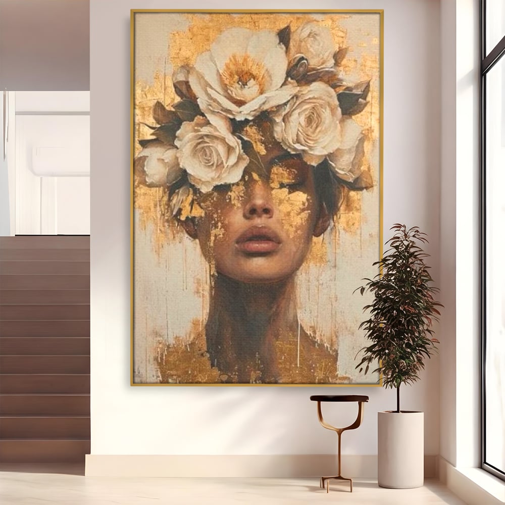 Leinwandbilder Premium LuxCanva® G1020, Metamorphose der Weiblichkeit, Träumen, Blumen, Geheimnisvoll, Gold, Seele, Gedanken, Portrait, Wohnen, Schlafzimmer, Lebendige Farben