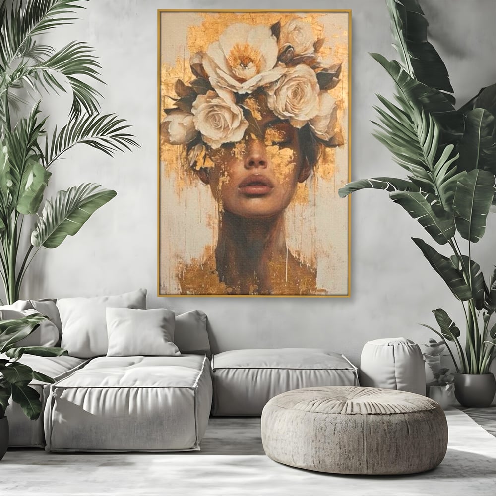 Leinwandbilder Premium LuxCanva® G1020, Metamorphose der Weiblichkeit, Träumen, Blumen, Geheimnisvoll, Gold, Seele, Gedanken, Portrait, Wohnen, Schlafzimmer, Lebendige Farben