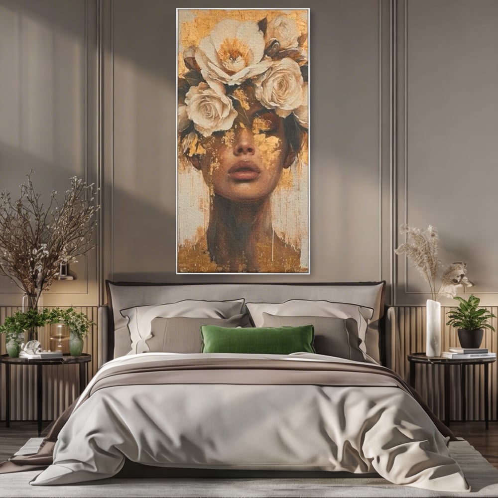 Leinwandbilder Premium LuxCanva® G1020, Metamorphose der Weiblichkeit, Träumen, Blumen, Geheimnisvoll, Gold, Seele, Gedanken, Portrait, Wohnen, Schlafzimmer, Lebendige Farben