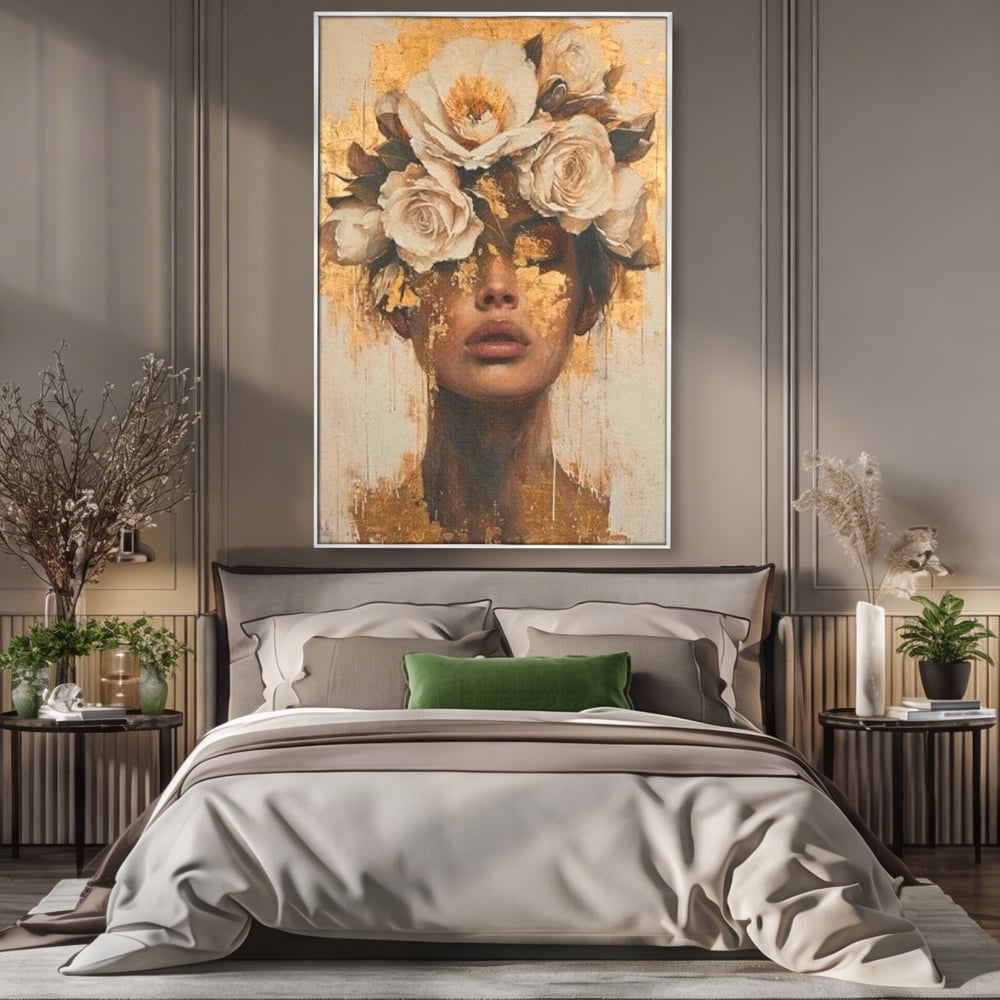 Leinwandbilder Premium LuxCanva® G1020, Metamorphose der Weiblichkeit, Träumen, Blumen, Geheimnisvoll, Gold, Seele, Gedanken, Portrait, Wohnen, Schlafzimmer, Lebendige Farben