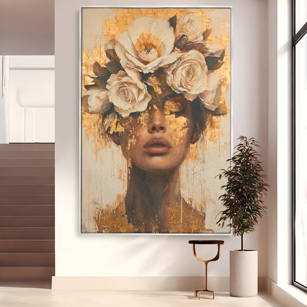 Leinwandbilder Premium LuxCanva® G1020, Metamorphose der Weiblichkeit, Träumen, Blumen, Geheimnisvoll, Gold, Seele, Gedanken, Portrait, Wohnen, Schlafzimmer, Lebendige Farben