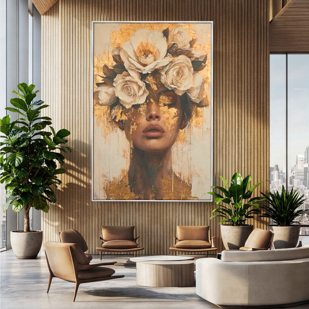 Leinwandbilder Premium LuxCanva® G1020, Metamorphose der Weiblichkeit, Träumen, Blumen, Geheimnisvoll, Gold, Seele, Gedanken, Portrait, Wohnen, Schlafzimmer, Lebendige Farben