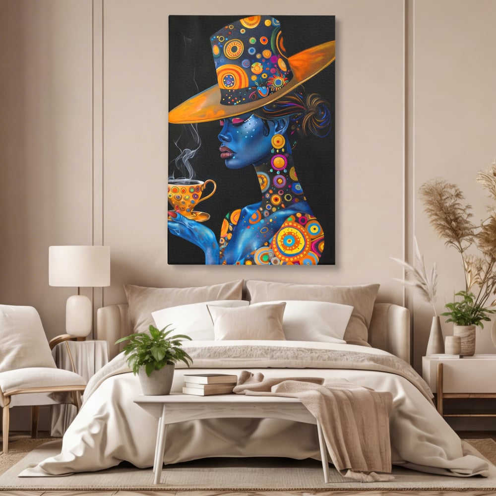 Leinwandbilder Premium LuxCanva® G1022, Interstellare Eleganz, Kosmisch, Feminin, Hypnotisch, Tasse, Kaffee, Tee, Tee, Hut, Wohnen, Schlafzimmer