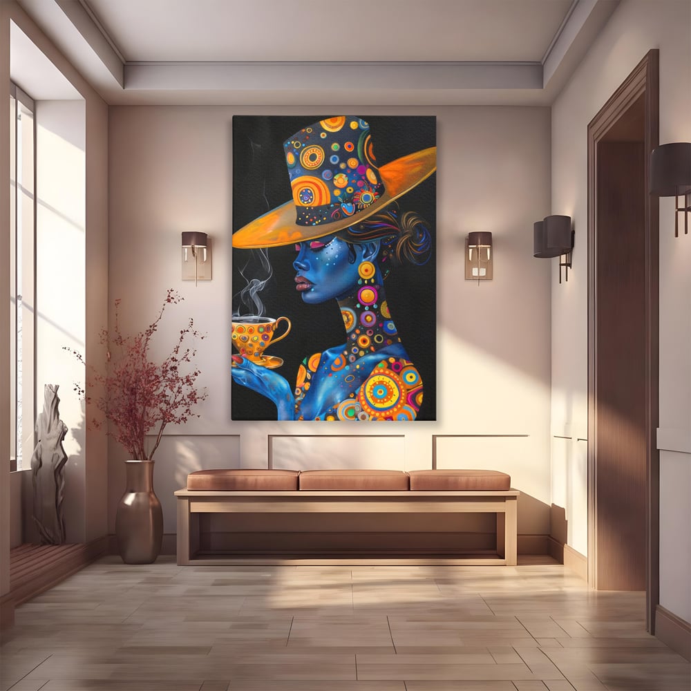 Leinwandbilder Premium LuxCanva® G1022, Interstellare Eleganz, Kosmisch, Feminin, Hypnotisch, Tasse, Kaffee, Tee, Tee, Hut, Wohnen, Schlafzimmer