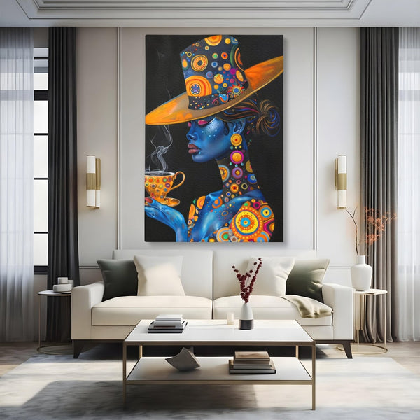 Tablou Canvas Premium LuxCanva® G1022, Eleganta Interstelara , Cosmic, Feminitate, Hipnotic, Ceasca, Cafea, Ceai, Palarie, Living, Dormitor