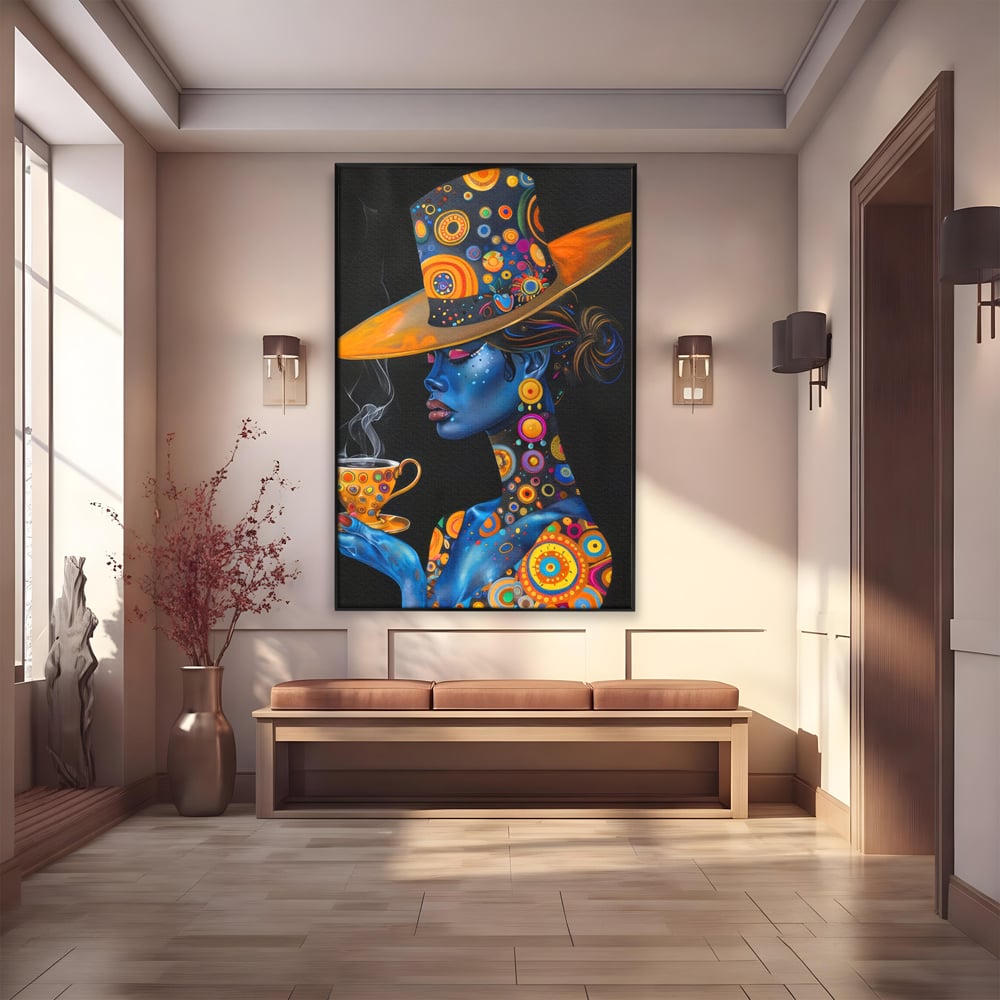Leinwandbilder Premium LuxCanva® G1022, Interstellare Eleganz, Kosmisch, Feminin, Hypnotisch, Tasse, Kaffee, Tee, Tee, Hut, Wohnen, Schlafzimmer