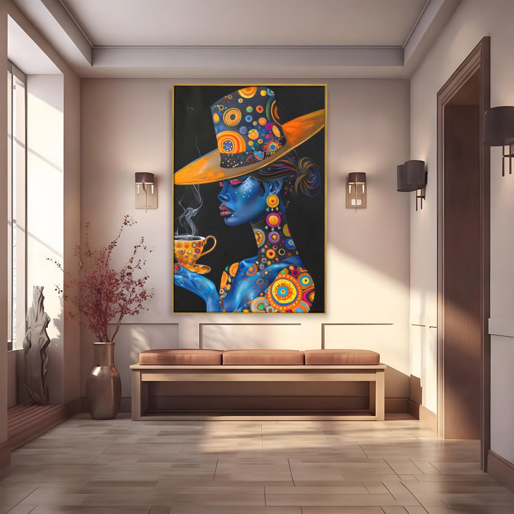 Leinwandbilder Premium LuxCanva® G1022, Interstellare Eleganz, Kosmisch, Feminin, Hypnotisch, Tasse, Kaffee, Tee, Tee, Hut, Wohnen, Schlafzimmer
