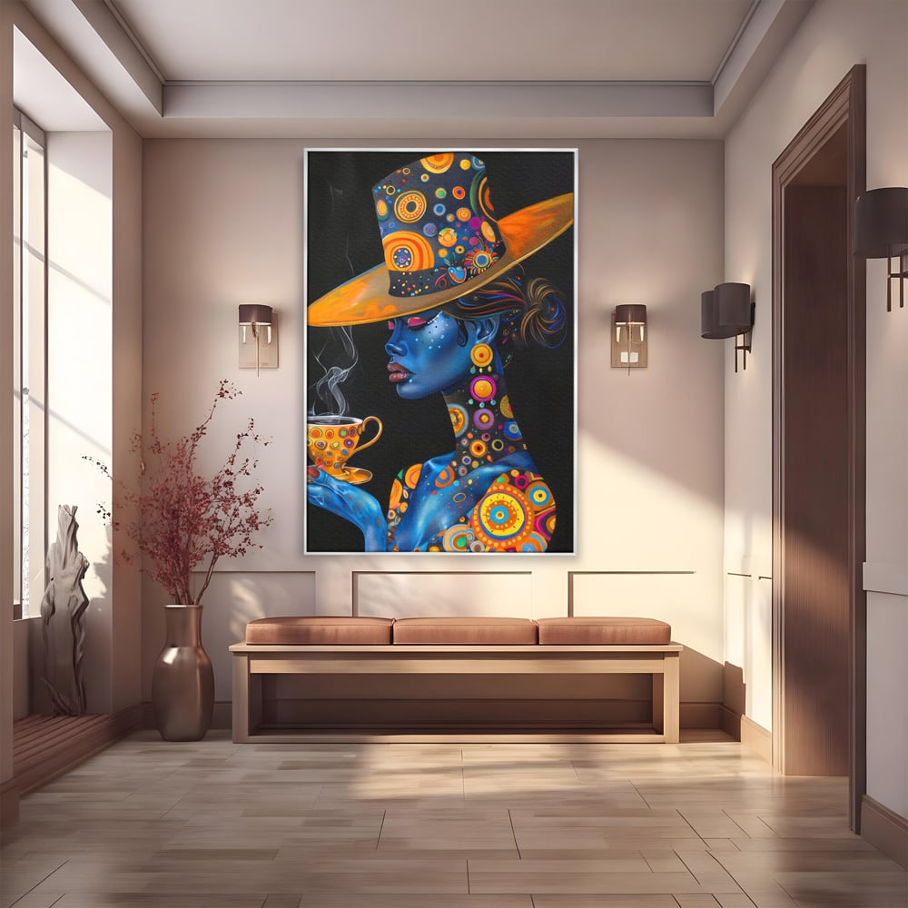 Leinwandbilder Premium LuxCanva® G1022, Interstellare Eleganz, Kosmisch, Feminin, Hypnotisch, Tasse, Kaffee, Tee, Tee, Hut, Wohnen, Schlafzimmer