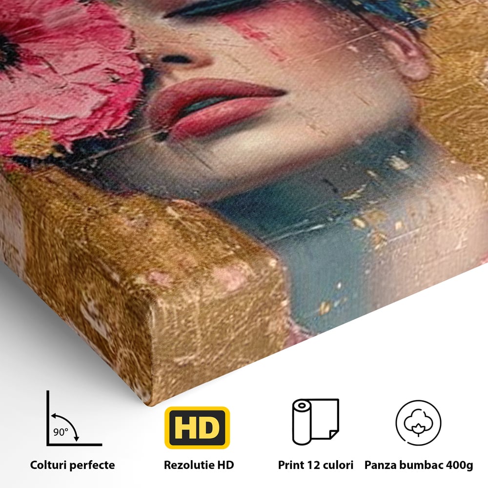 Tablou Canvas Premium LuxCanva® G1023, Gratie Inflorita , Delicatete, Flori, Petale, Aur, Portret, Pastel, Roz, Living, Dormitor, Culori vibrante