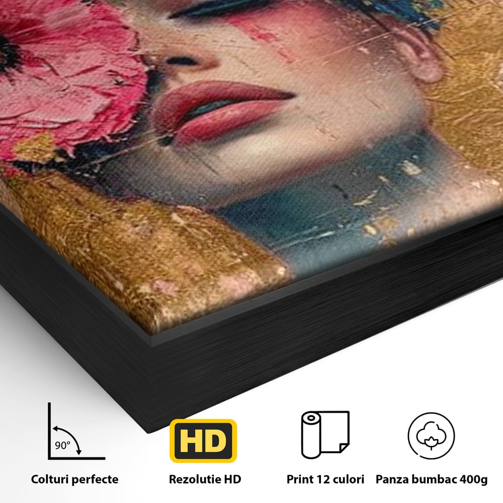 Tablou Canvas Premium LuxCanva® G1023, Gratie Inflorita , Delicatete, Flori, Petale, Aur, Portret, Pastel, Roz, Living, Dormitor, Culori vibrante