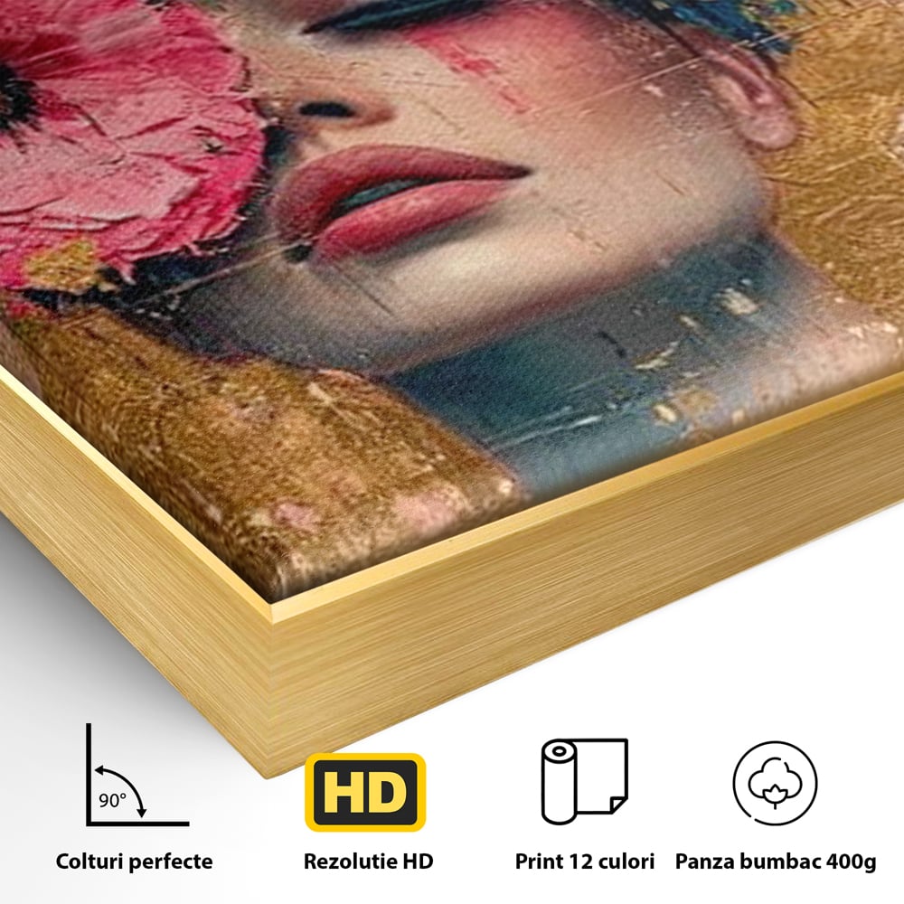 Tablou Canvas Premium LuxCanva® G1023, Gratie Inflorita , Delicatete, Flori, Petale, Aur, Portret, Pastel, Roz, Living, Dormitor, Culori vibrante