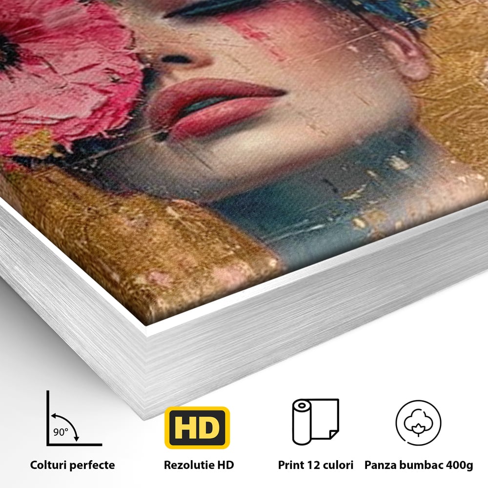 Tablou Canvas Premium LuxCanva® G1023, Gratie Inflorita , Delicatete, Flori, Petale, Aur, Portret, Pastel, Roz, Living, Dormitor, Culori vibrante