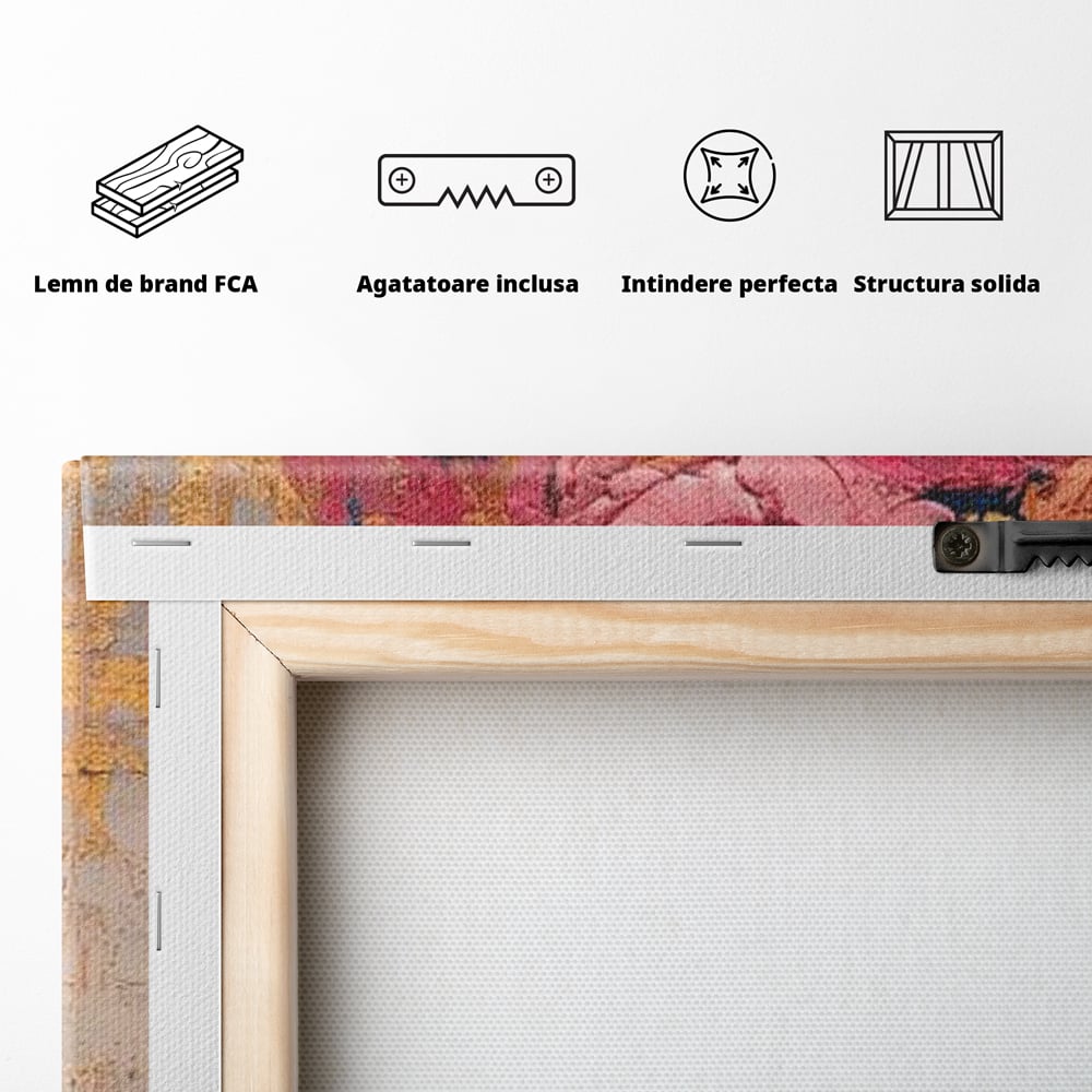 Tablou Canvas Premium LuxCanva® G1023, Gratie Inflorita , Delicatete, Flori, Petale, Aur, Portret, Pastel, Roz, Living, Dormitor, Culori vibrante